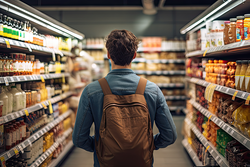 Mann mit Rucksack im Supermarkt