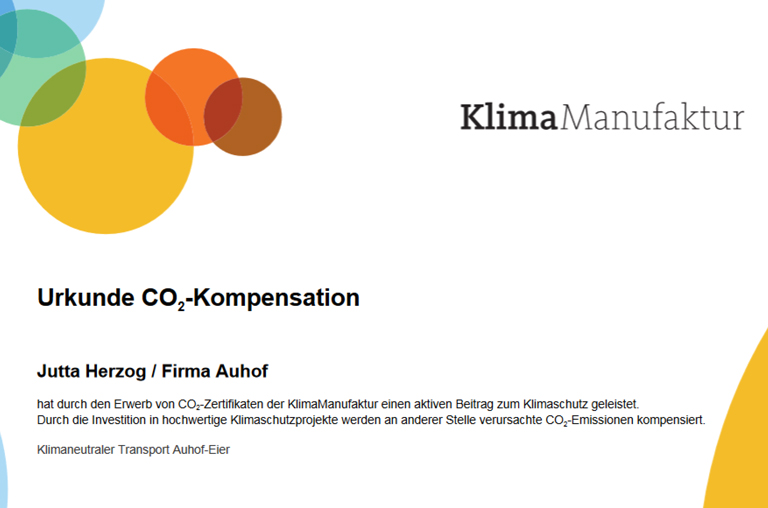 Klimaschutz-Zertifikat vom Auhof Stockstadt