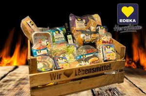 Holzkiste mit EDEKA Herzstücke Produkten für das vegetarische Grillvergnügen